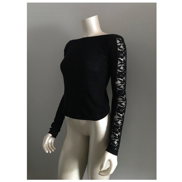 Free People Tops - Free People Black Lace Sleeve Ribbed Sweater Top